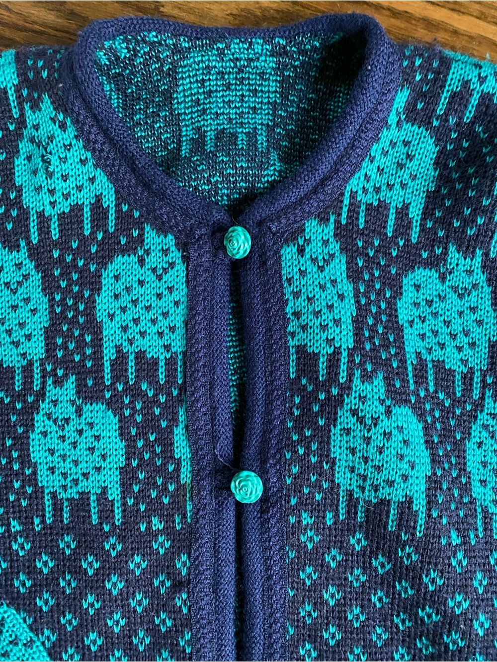 Vintage Halling Norway Norwegian Teal and Navy Patterned Cardigan Sweater - Picture 7 of 14